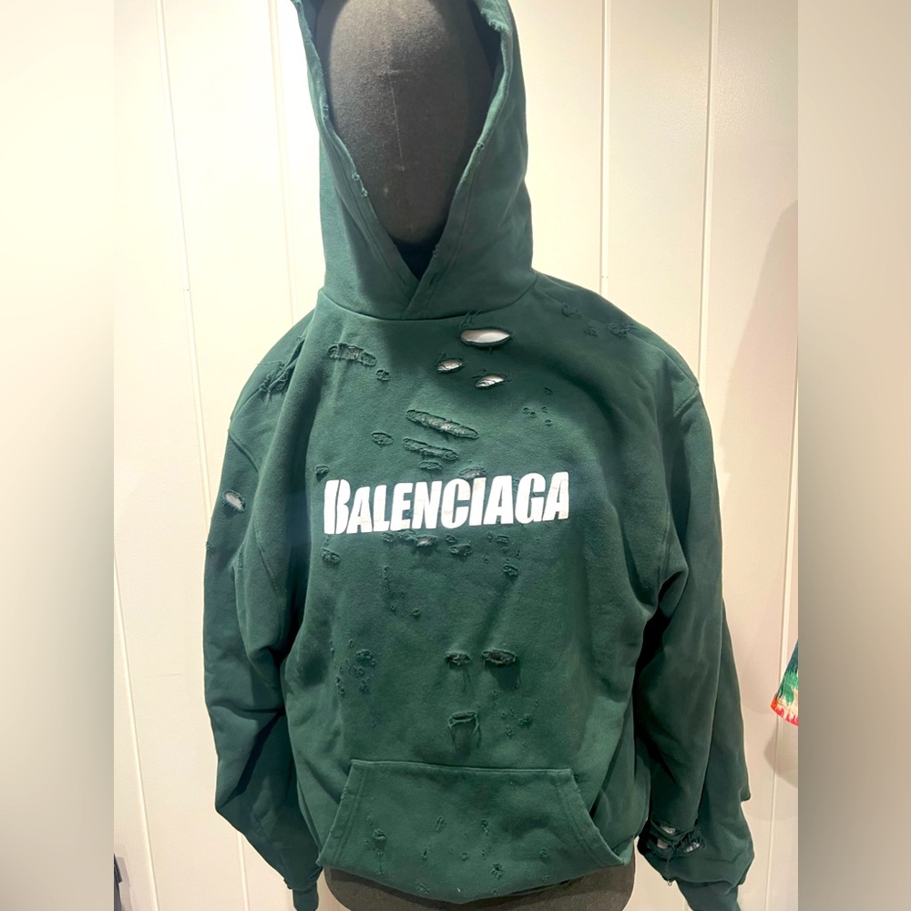 BALENCIAGA Caps Destroyed Hoodie 'Green'